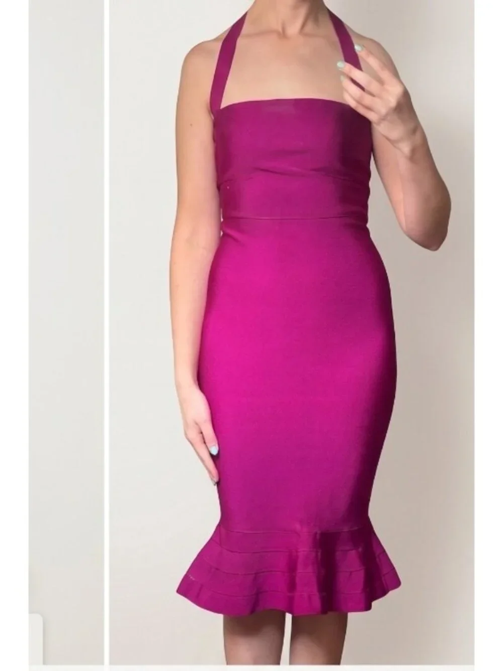 Akira Halter Neck Peplum Mermaid Bandage Cocktail Dress Magenta L